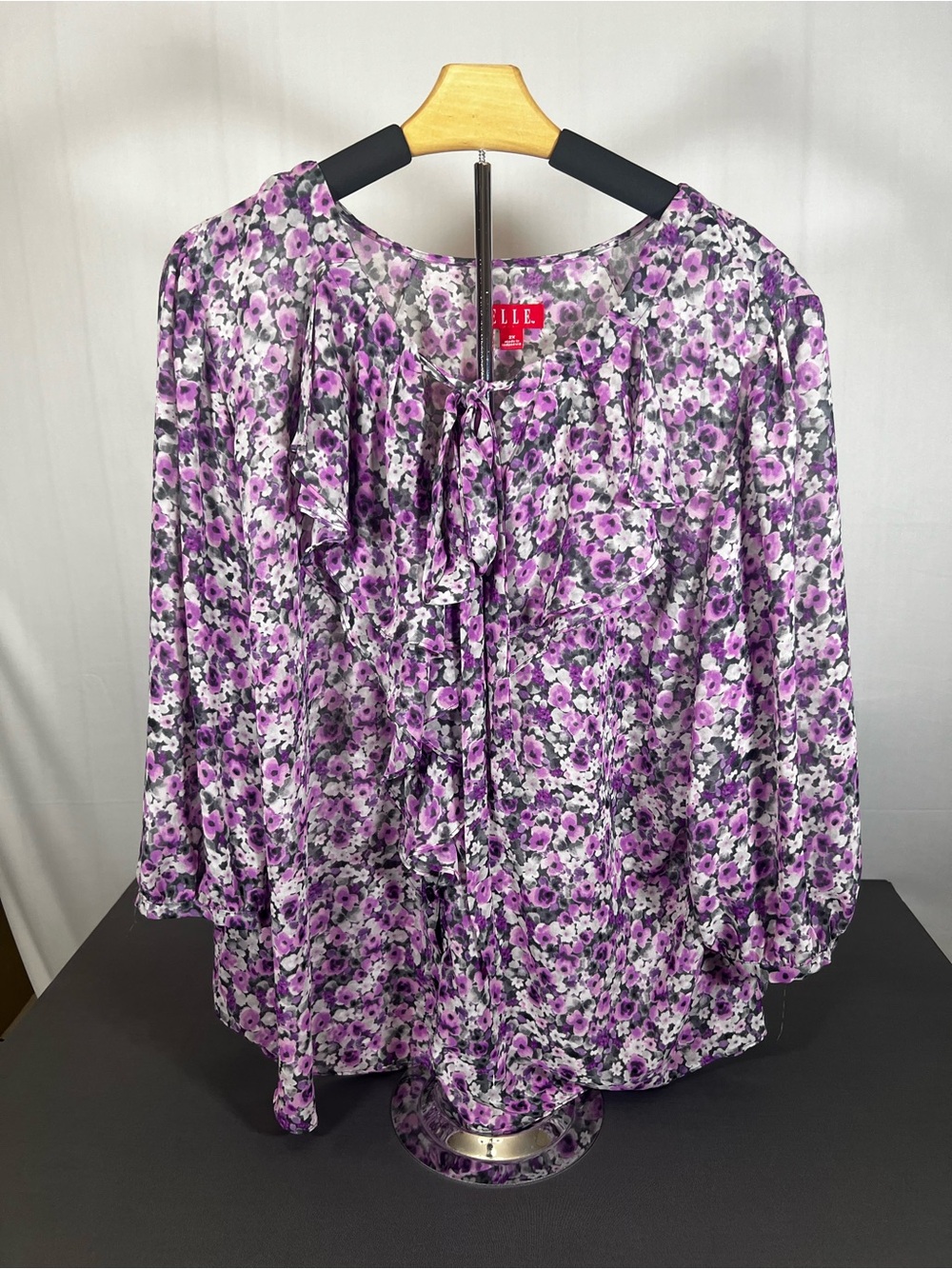 Elle Lavender Purple Floral Ruffle Tie-Neck Blouse